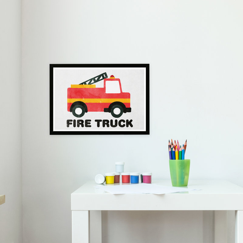 " Firetruck Round " by Oliver Gal, Black Framed, 19" H x 13" W x 0.75" D