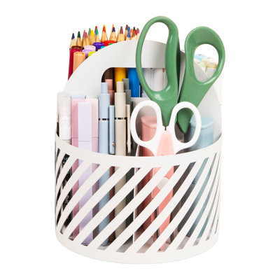 Organisateur de carrousel de bureau rond en métal avec poignée Mind Reader, quatre compartiments, fournitures et accessoires de bureau, métal, blanc