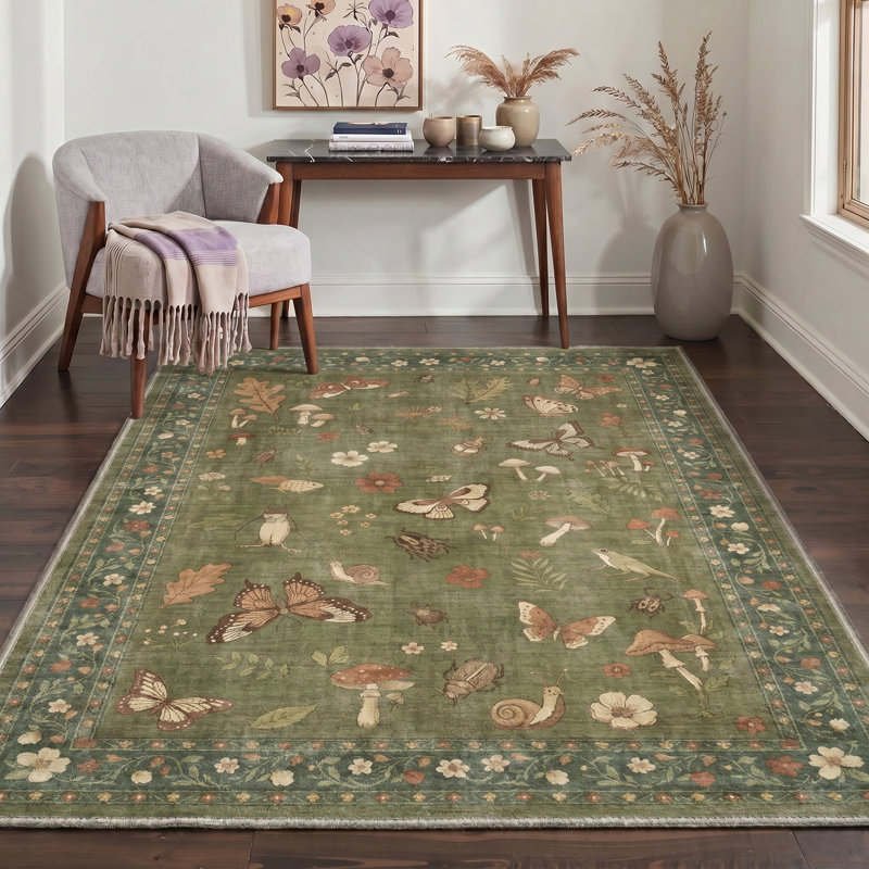Tapis intérieur vert / beige Woodhaven, Rectangle 5' x 7'