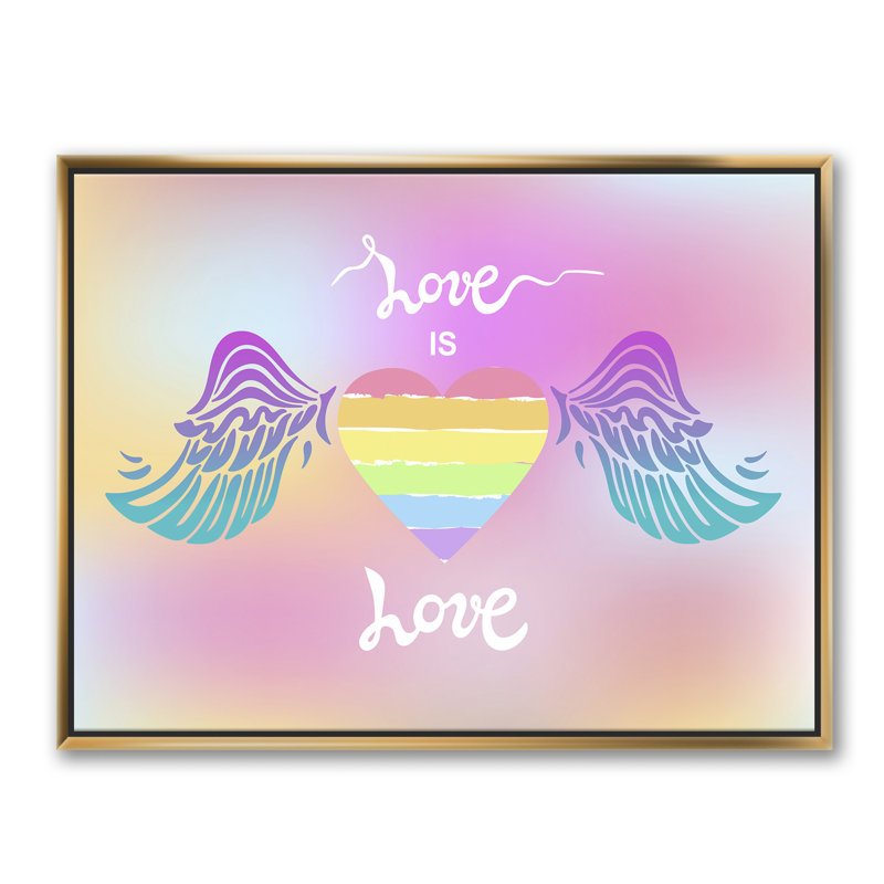 «Love Is Love Winged Heart», reproduction d'impression sur toile, H 30 po x l 40 po x 1,5 po, Toile encadrée d'or