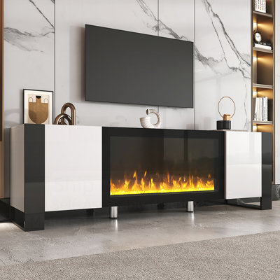 Wood Top TV Stand  With  Electric Fireplace ,2 Cabinets