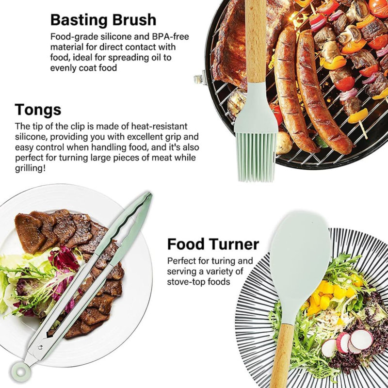Kitchen Utensil Set, 12 PCS Silicone Cooking Utensils Set With Wooden Handle, Heat Resistant, Nonstick Cookware Tongs Spatula Spoon Set, Dishwasher Safe, Best Kitchen Tools (Green)
