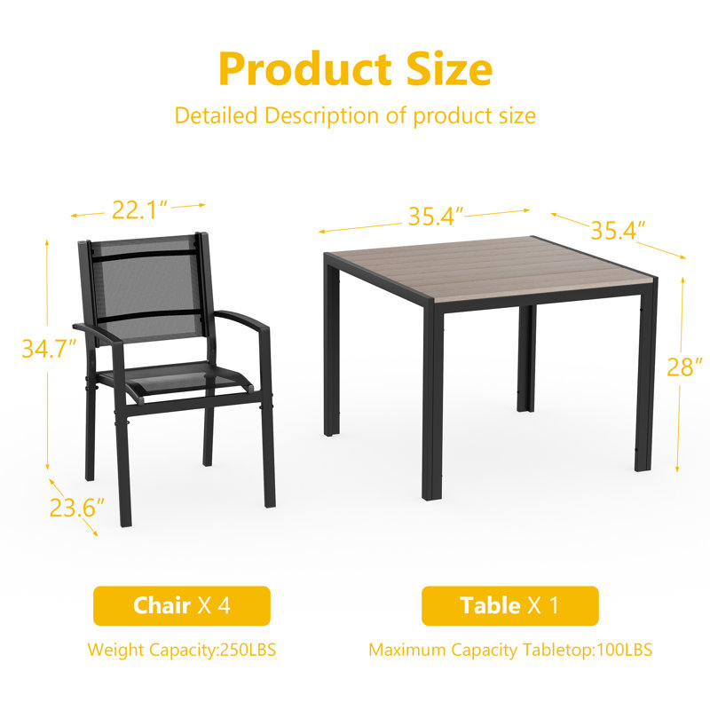 Ensemble de salle à manger 5 pièces en polyester enduit de PVC avec plateau de table, table de patio toutes saisons et chaises pour jardin