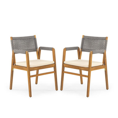 Outdoor Acacia Wood Dining Armchair with Rope and Beige Cushion, Set of 2, Weather-Resistant and Stylish