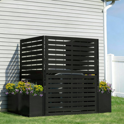 Air Conditioner Fence, 3 Panels Metal Privacy Screen with Planter Box, Black Outdoor AC Unit Cover, 40.7" W x 39.5" H, Garden Fence Enclosure by Conpsxc