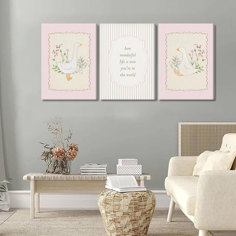 Vintage Pink Silly Goose Canvas Wall Art Neutral Floral Print Painting Preppy Aesthetic Picture Inspirational Nursery Wall Decor Suitable For Girls Children's Room Home Decoration 12X16in
