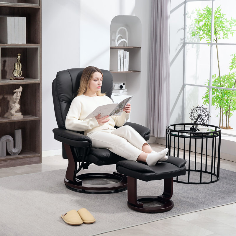 Swivel Recliner Chair with Ottoman, PU Leather Recliner with Adjustable Backrest, Footrest, Wood Base, Upholstered Reclining Chair for Living Room, Bedroom, Office,