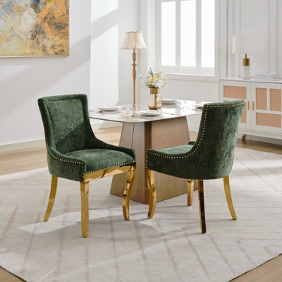 Chaises de salle à manger en chenille, style moderne avec pieds courbés et garniture de rivets, confort rembourré pour la salle à manger / salon, sièges d'appoint avec tissu texturé et structure une pièce, ensemble de 2