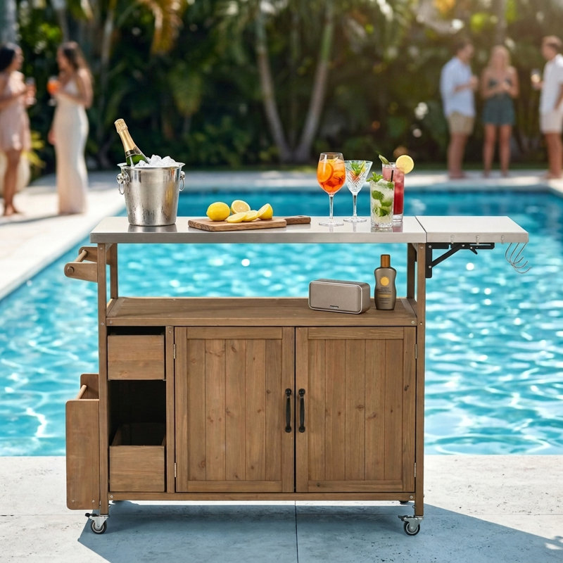 Chariot de cuisine pour l'extérieur 54,33 "avec plateau en acier inoxydable, roulettes verrouillables, tablettes réglables et rangement multifonctionnel