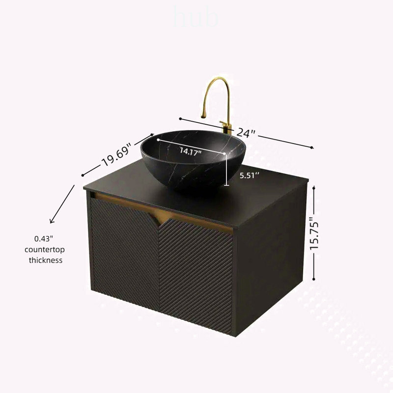 Meuble-lavabo mural de 61 cm (24 pouces) avec rangement suspendu, lavabo en céramique et comptoir en pierre frittée
