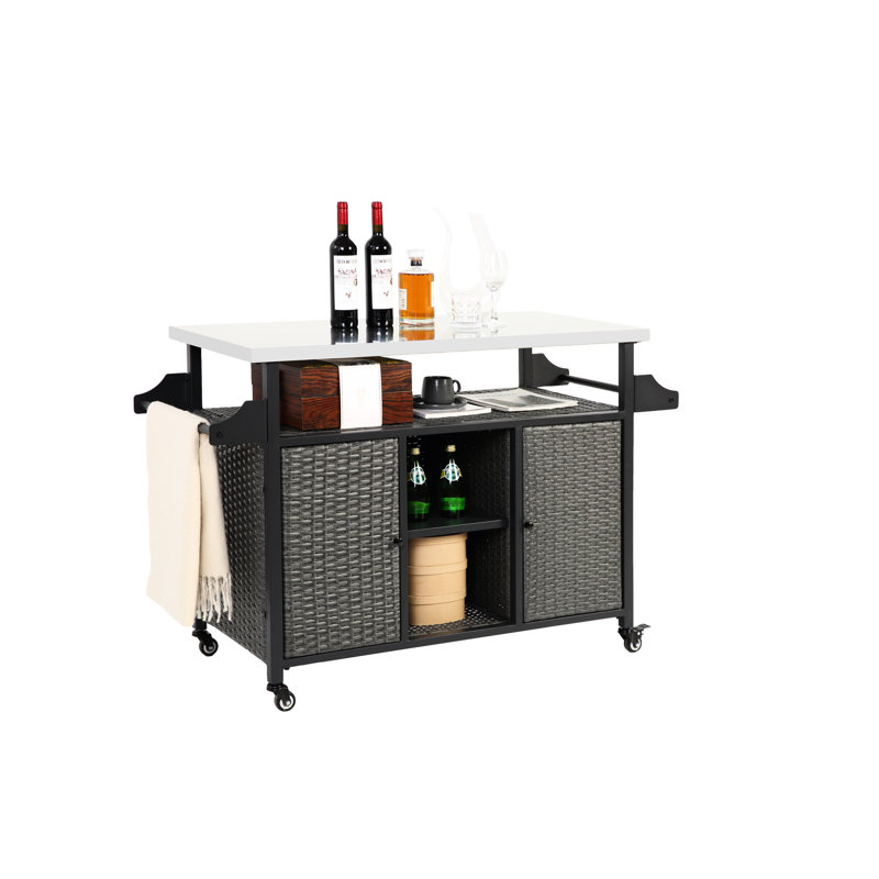 Outdoor Kitchen Island Cart With Stainless Steel Countertop, Grey Large Bar Storage And Table Surface