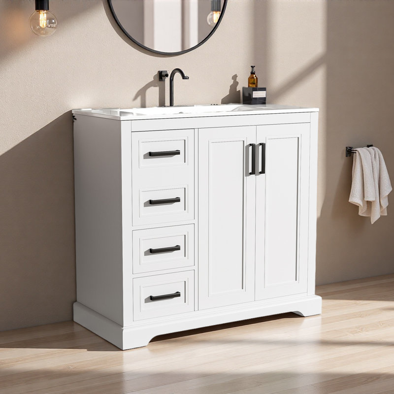 Meuble-lavabo moderne de 36 po avec lavabo en céramique, porte à fermeture en douceur, tablette réglable et 3 tiroirs, rangement spacieux, conception élégante pour les salles de bain de taille moyenne à petite