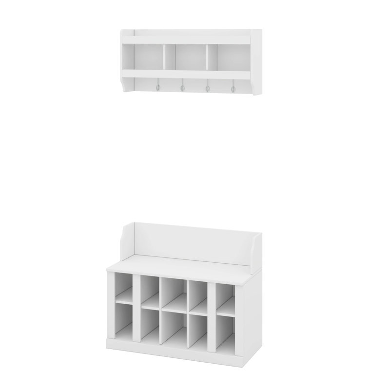 Entryway Bench With Wall Mounted Coat Rack, Modern Hall Tree Entryway Furniture With Shelves And 4 Hook, White
