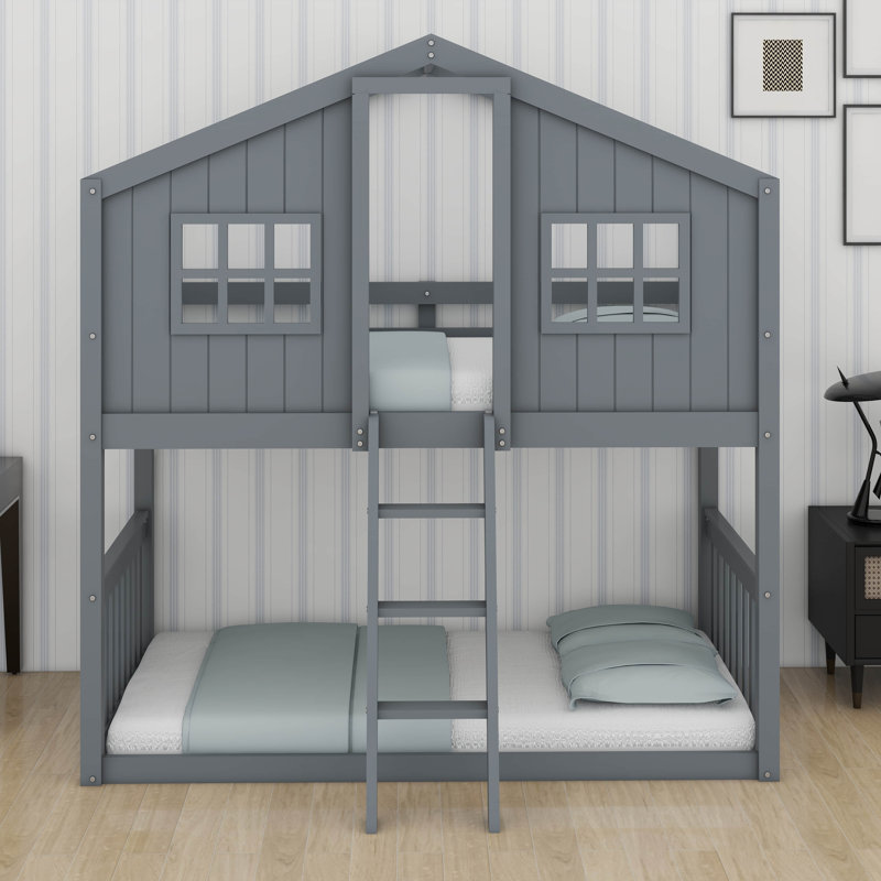 Twin Over Twin Size House Bunk With Ladder And Window,Wood Bunkbed W/Full-Length Guard Rail & Ladder,Slat Support, Gray