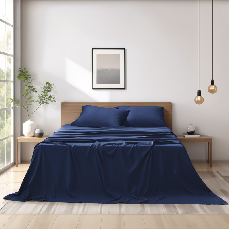 Ensemble de draps en coton super doux à densité de tissage de 1 600 fils Tencel, Bleu marine