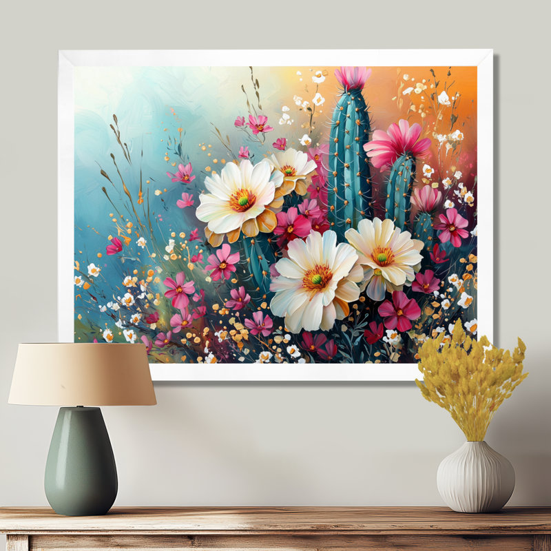 Cactus jaune et rose - Cactus, H 30 po x l 40 po, Avec cadre, Blanc