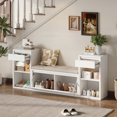 Banc de rangement pour hall d'entrée avec coussin, compartiments, tiroirs et tablettes ouvertes