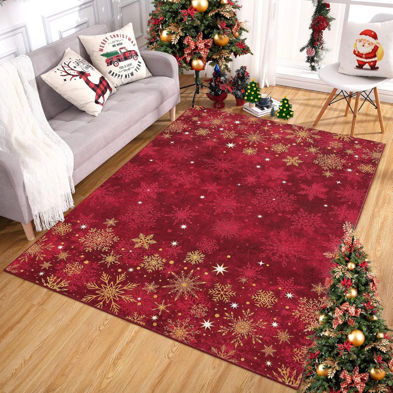 Red Christmas Rug with Snowflake Pattern – Non Slip Low Pile Hallway and Kitchen Floor Carpet, Festive Holiday Decor