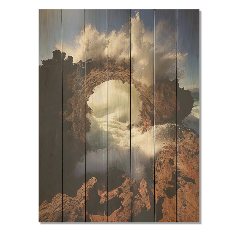 Plage rocheuse avec vagues de falaise - vagues côtières sur bois, H 32 po x l 24 po