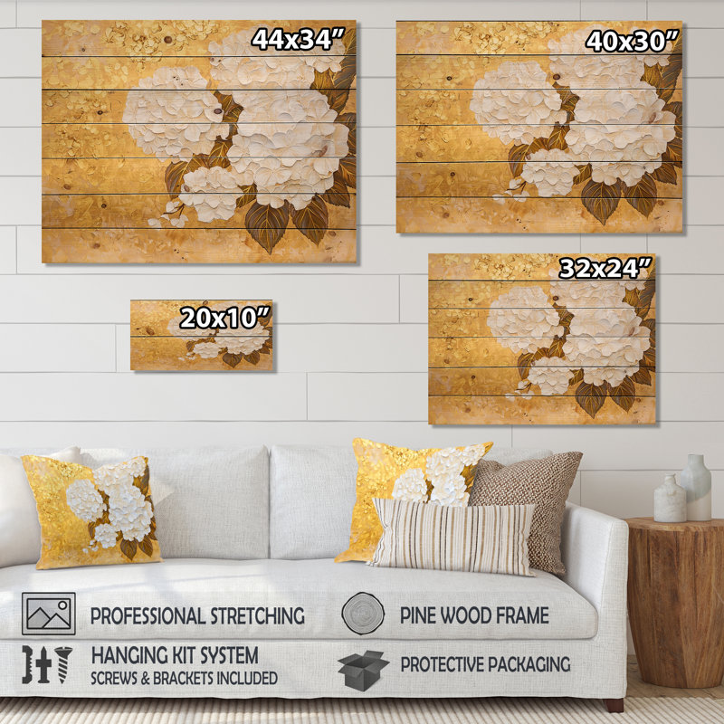 Harmonie d'hortensias dorés II - décoration murale en bois d'hortensias sur bois de pin naturel