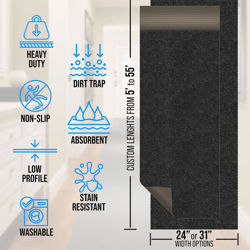 Non-Slip, Dirt-Trapping, Heavy-Duty Utility Runner Rug - (Extra-Long Custom Sizes Up to 55ft) - Absorbent for All-Weather, High-Traffic Entryways, Hallways, Patios & Offices - Black