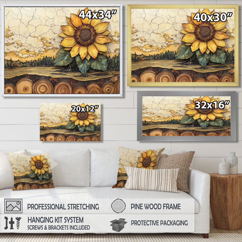 Draden tournesols paysage sur un sommet de rivière en bois IV - tournesols, art mural, H 30 po x l 40 po