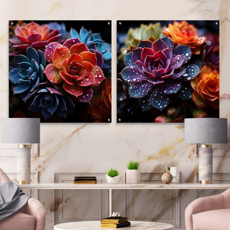 «Colorful Succulents Come Alive» - ensemble de 2 verres muraux en acrylique, H 16 po x l 33 po