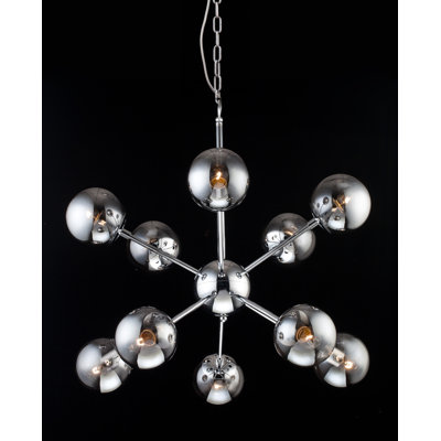 Lustre 10 lumières en chrome avec abat-jour en verre fumé