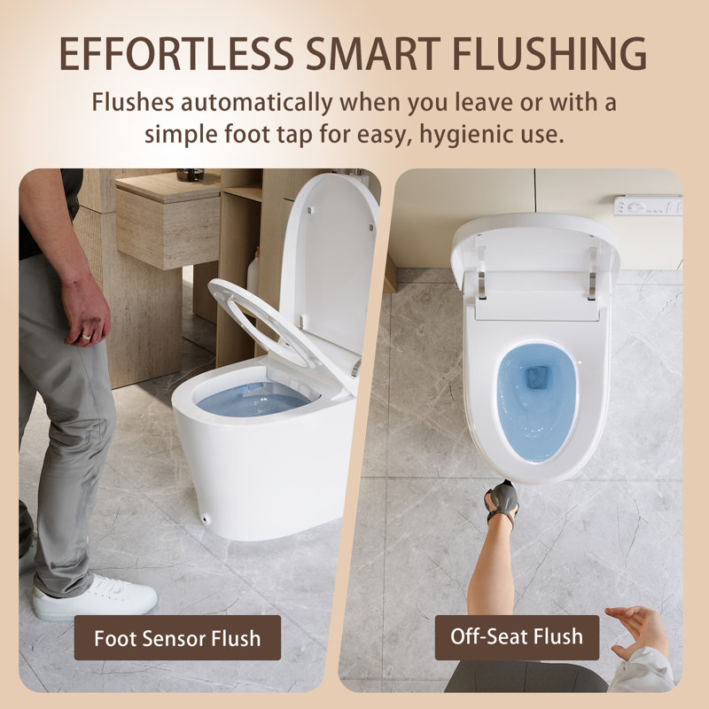 DeerValley Elongated Smart Toilet with Integrated Bidet, Tankless Design, Foot Kick & Auto Flush in White, White, 12"