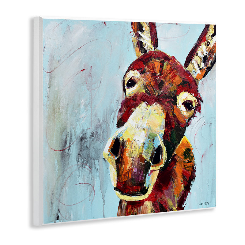 «Donkey Face» sur fond bleu par Jen Seeley - peinture sans cadre sur panneau de fibres à densité moyenne