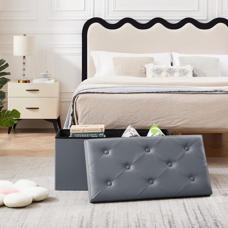 Massas 76cm Wide Faux Leather Tufted Rectangle Solid Colour Ottoman with Storage, Grey