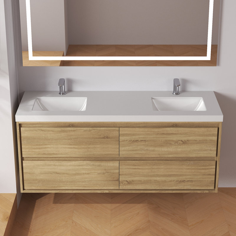 Ensemble de meuble-lavabo double autoportant 60 po avec plateau en granit blanc 60 po, 60", Naturel