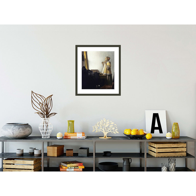 «Jeune femme avec un collier de perles» par johannes vermeer - impression giclée encadrée, 26.33" H x 23.5" W