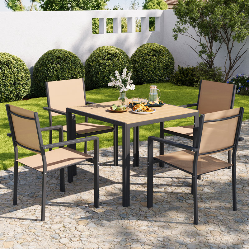 5 Piece Outdoor Patio Dining Set With 1 Square Patio Table & 4 PVC-coated polyester Stackable Chairs, Patio Dining Furniture For 4, Wpc Tabletop And All-weather Resistant Iron Frame, Suitable For Garden, Backyard And Deck, Brown