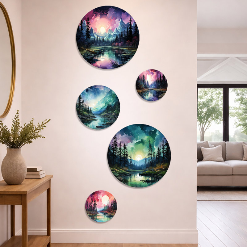 Aurore boréale paysage aquarelle II - ensemble d'art mural en métal Aurora Borealis de 5