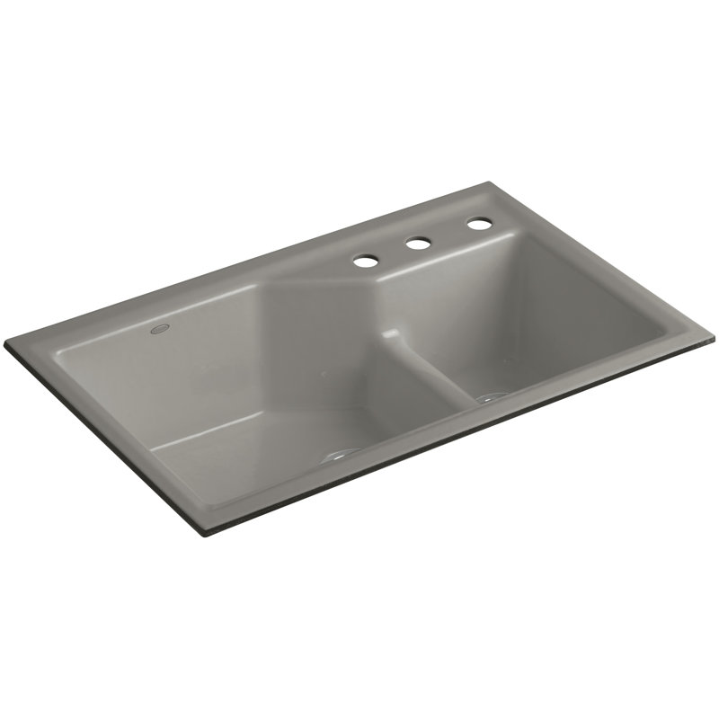 Indio® 33" L x 21.125" W Double Basin Undermount Kitchen Sink with Accessories, Cashmere, 3 hole