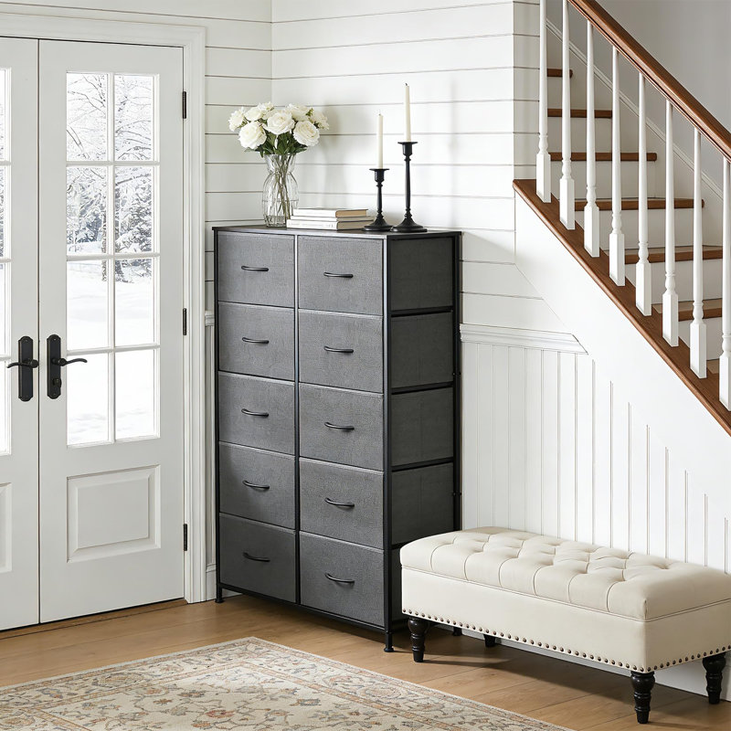 10 Drawer Dresser, 31.5×11.81×46.46 Inch Metal Frame, Tall Fabric Drawer Chest, Industrial Dresser for Living Room & Bedroom