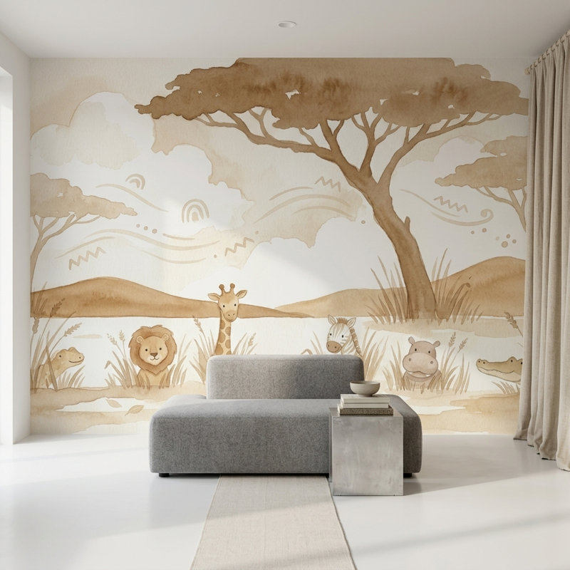 Papier peint blanc avec pépinière, décoration murale safari amovible, Non tissé, 160 po x 108 po
