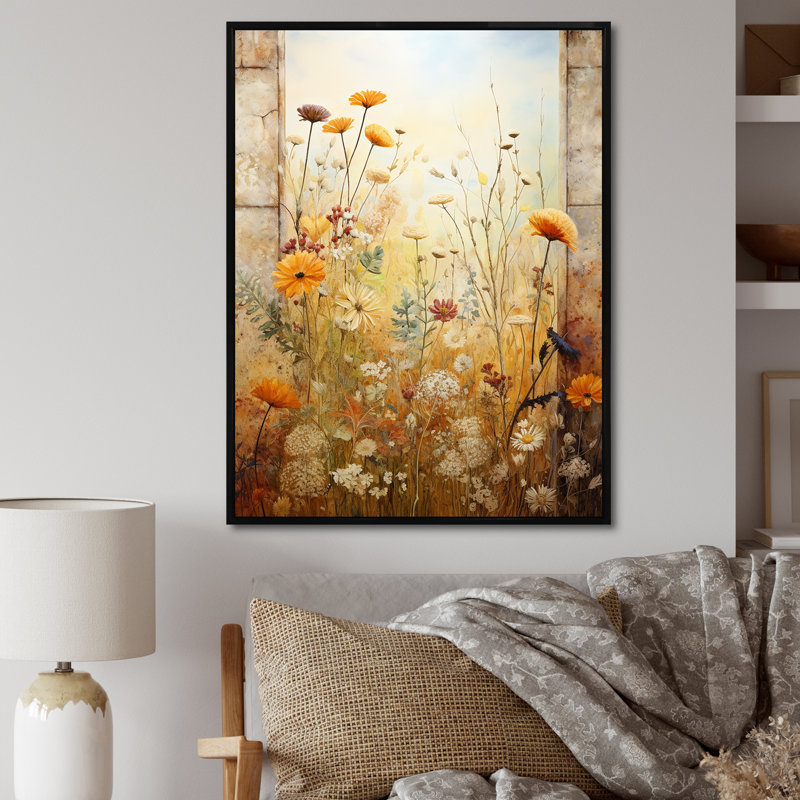 «Green and Yellow Summer Meadow Windows View II - Meadow», art mural, Cadre flottant noir, H 40 po x l 30 po