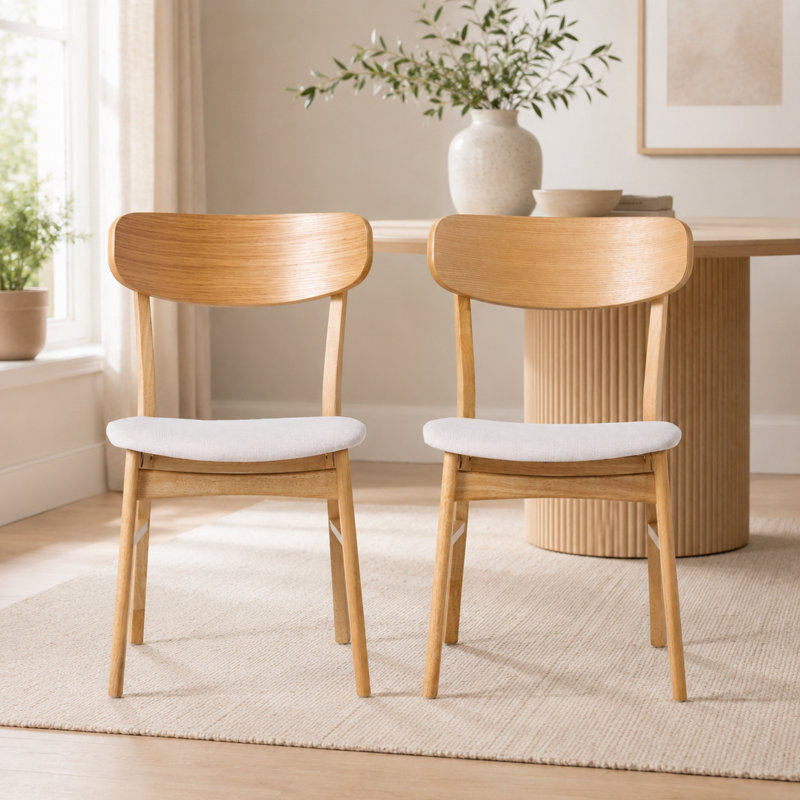 Ensemble de 2 chaises de salle à manger rembourrées en bois d'hévéa avec dossier incurvé, Light Beige