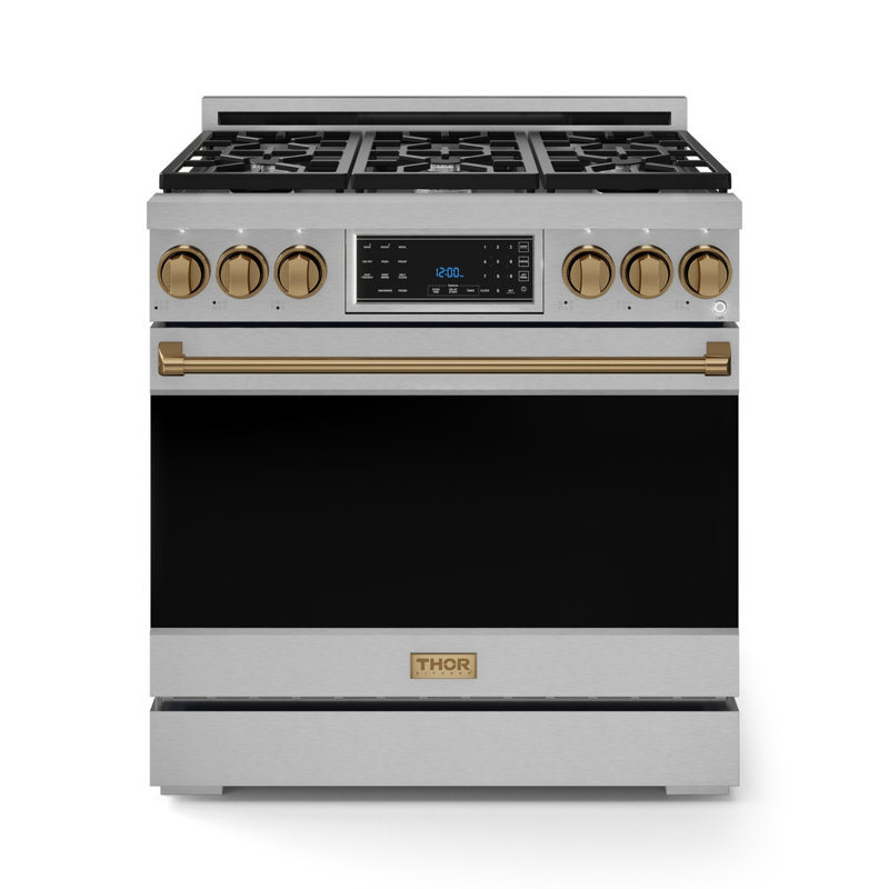 Cuisinière professionnelle au propane liquide 36 pouces avec panneau inclinable Gordon Ramsay de THOR Kitchen en acier inoxydable / bronze