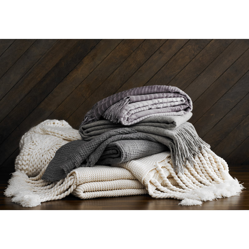 Gray Wool Fringe Reversible Throw Blanket