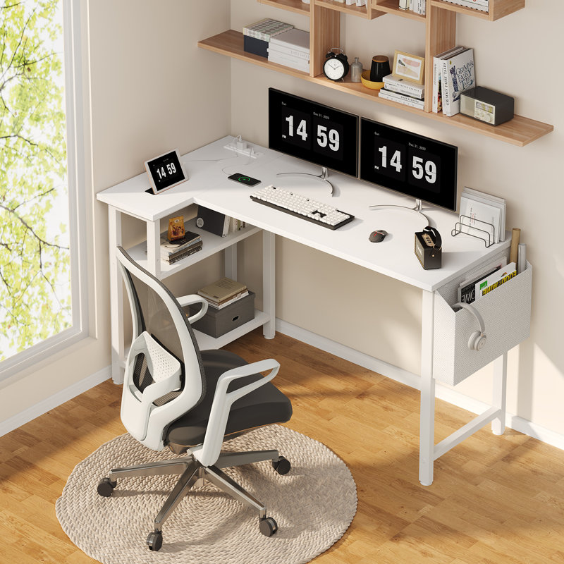 Built-in Outlets / USB L-Shaped Desk Computer Desk, 28.9" H x 47.2" W x 27.6" D, White/White