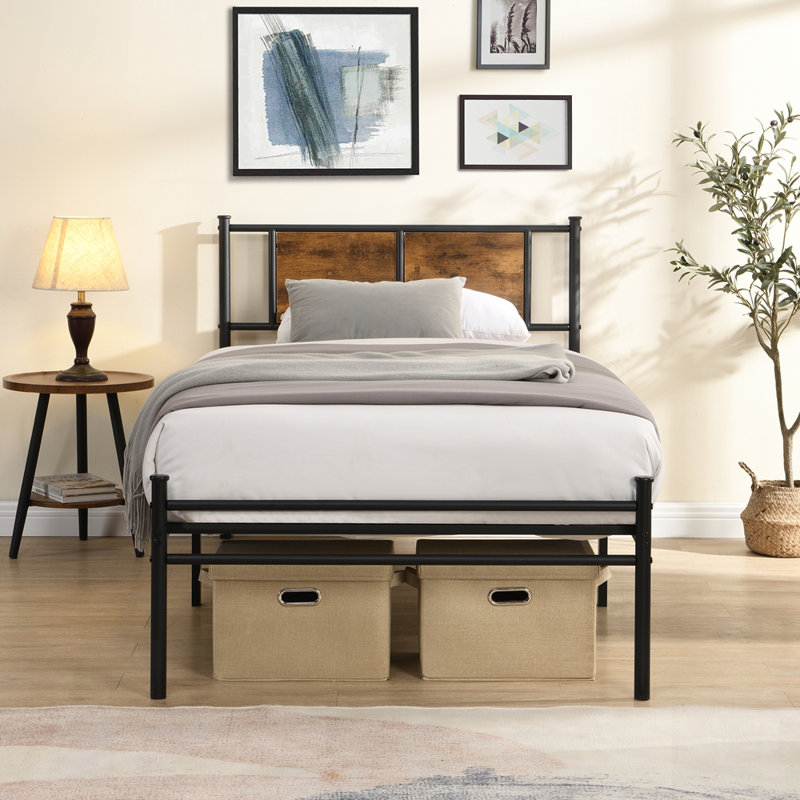 metal bedframe,Headboard with wood panel decoration,black, Twin