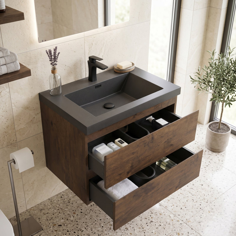 Meuble-lavabo suspendu de 76 cm (30 po) en mélamine en bois avec lavabo intégré en résine noire et quartz sable, armoire de salle de bain en palissandre avec tiroirs à fermeture douce et poignées supprimées