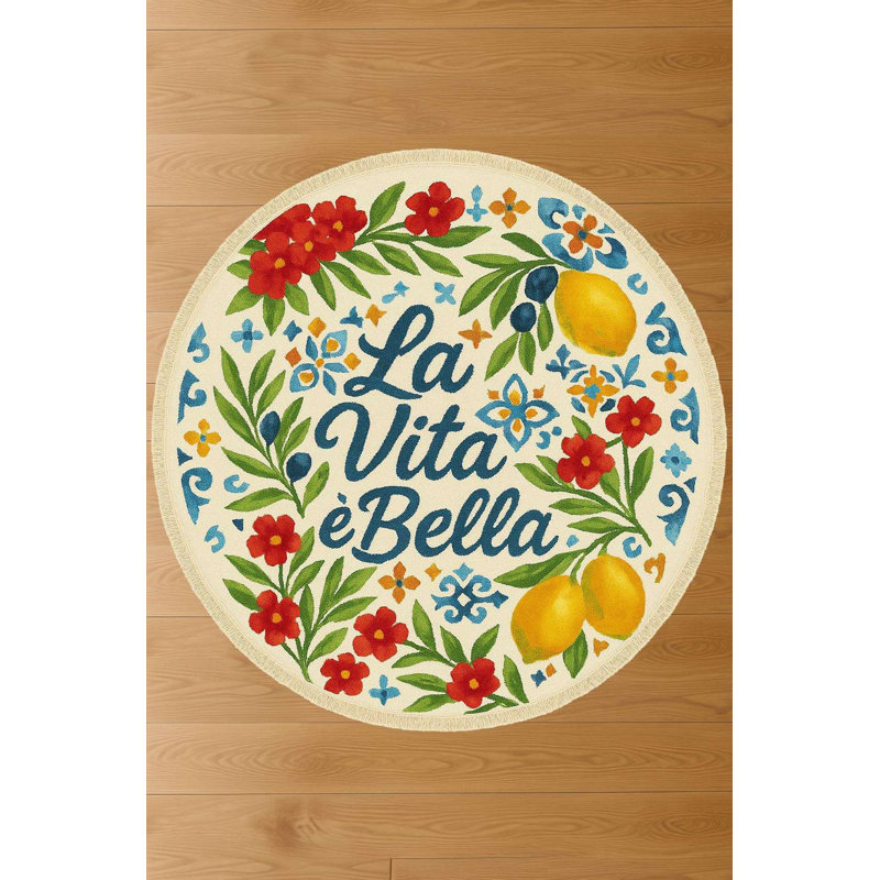 "La Vita È Bella" Italian Inspired Round Cotton Accent Rug, Round 4'11"