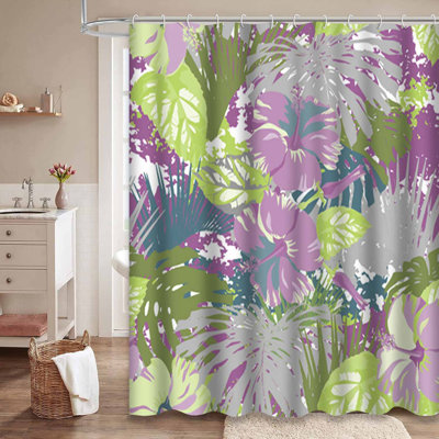 Rideau de douche imperméable hibiscus à motif floral tropical avec 12 crochets