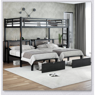 Over & Triple Bunk Bed with Drawers, Multi-functional Metal Frame, Shelving & USB for Space Efficiency