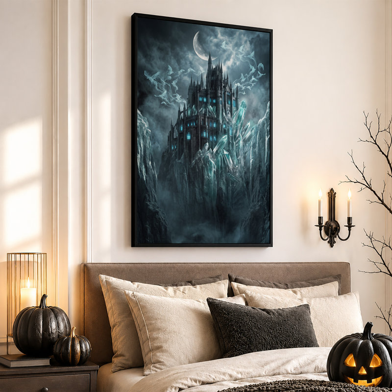 Impression sur toile, château gothique avec cristaux bleus lumineux et Halloween, H 36 po x l 24 po