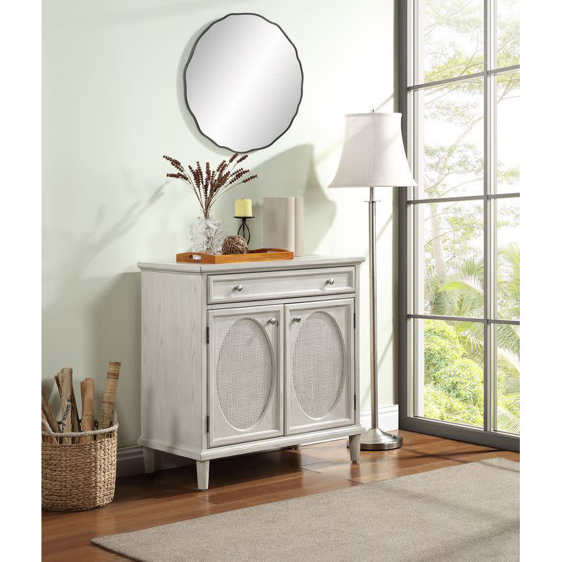 Wooden Washed Oval Rattan Front 2 Door And 1 Drawer Geometric Light Gray Room Cabinet With Round Silver Knobs